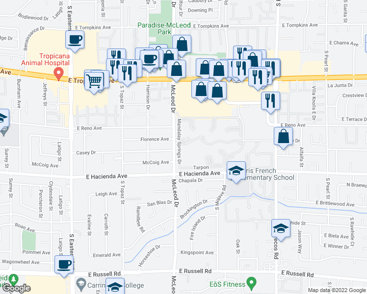 map of restaurants, bars, coffee shops, grocery stores, and more near 5196 Mandalay Springs Drive in Las Vegas