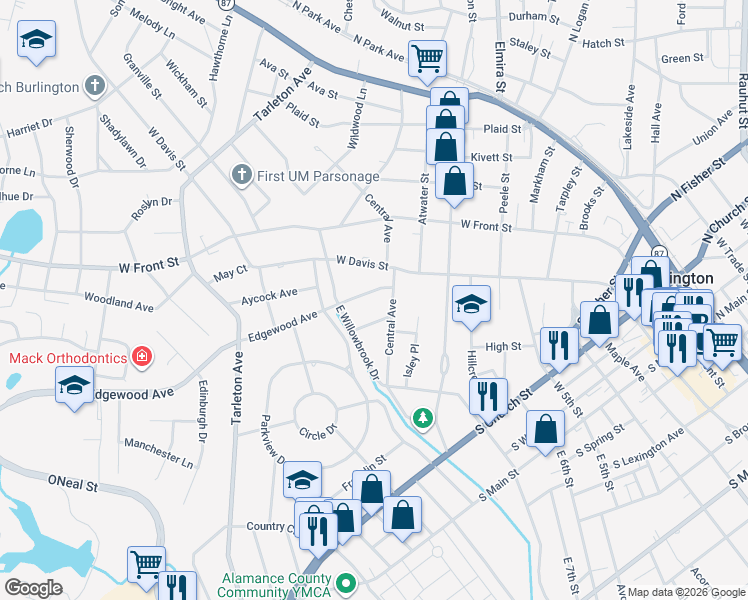 map of restaurants, bars, coffee shops, grocery stores, and more near 1027 Ingle Street in Burlington