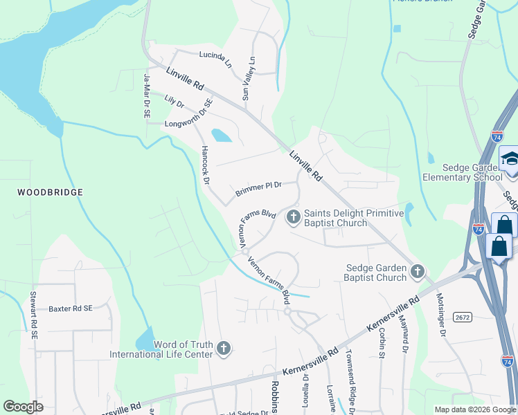 map of restaurants, bars, coffee shops, grocery stores, and more near 4544 Vernon Farms Boulevard in Kernersville