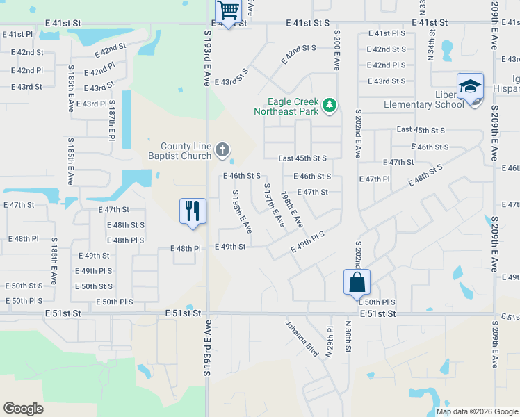 map of restaurants, bars, coffee shops, grocery stores, and more near 19604 East 48th Street South in Broken Arrow