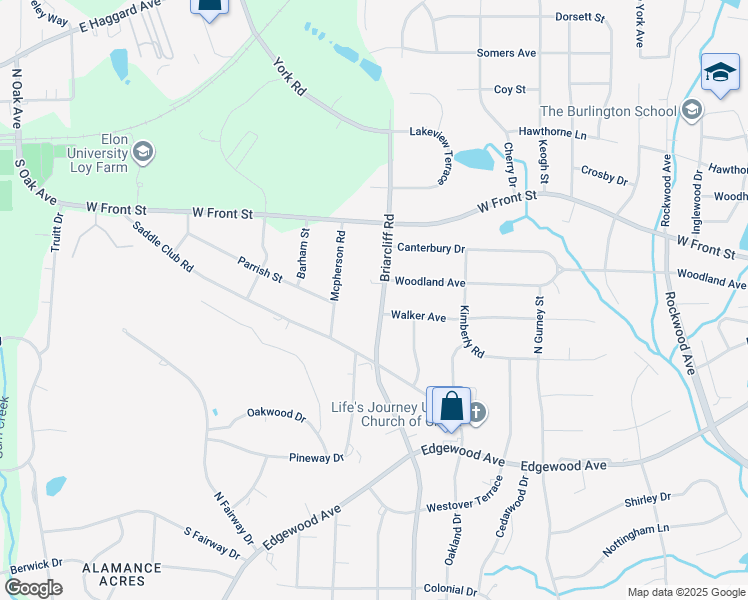 map of restaurants, bars, coffee shops, grocery stores, and more near 1038 Briarcliff Road in Burlington
