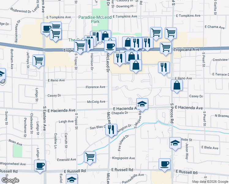 map of restaurants, bars, coffee shops, grocery stores, and more near 3050 Tarpon in Las Vegas