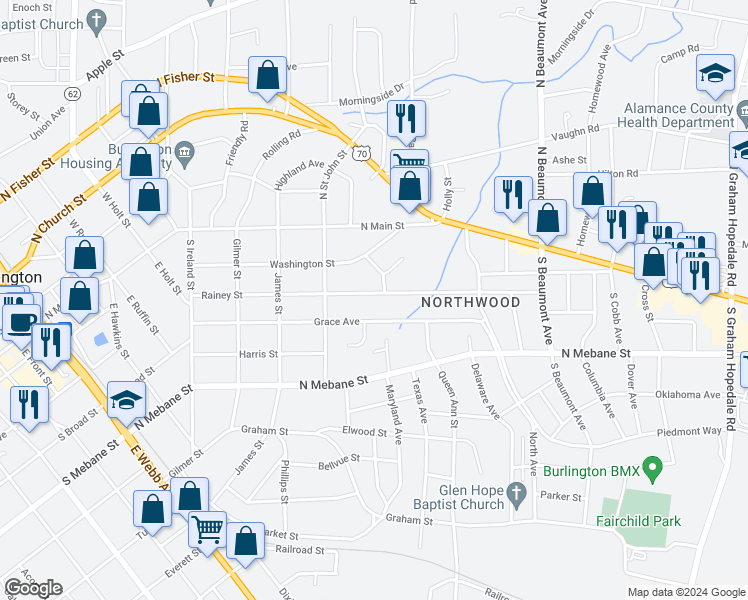 map of restaurants, bars, coffee shops, grocery stores, and more near 1029 Rainey Street in Burlington