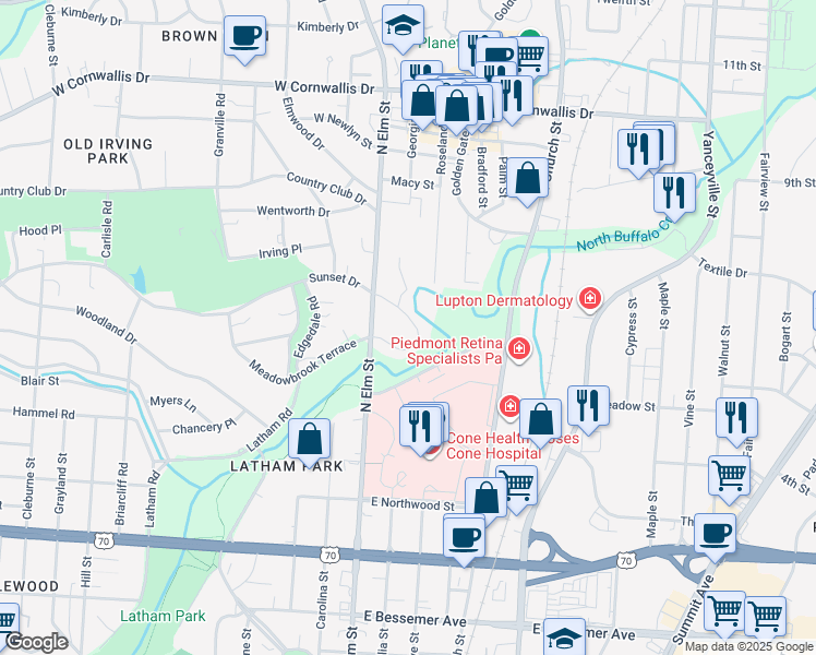 map of restaurants, bars, coffee shops, grocery stores, and more near 1700 North Elm Street in Greensboro