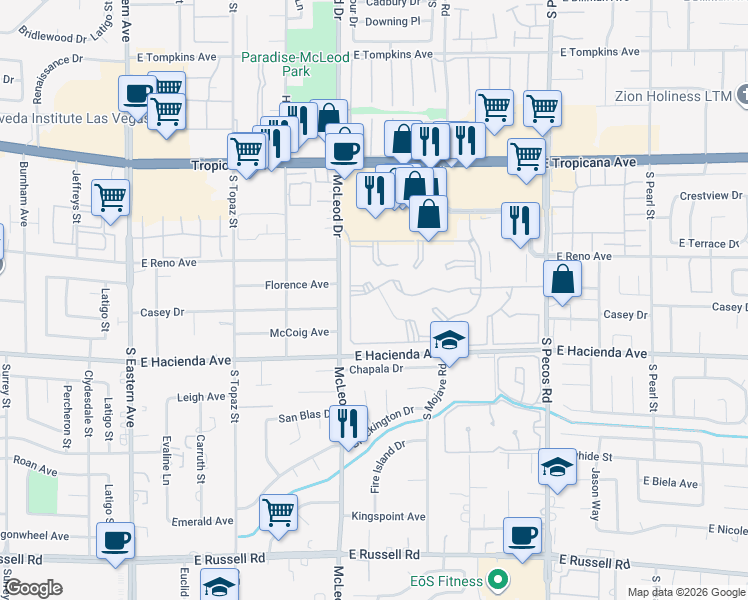 map of restaurants, bars, coffee shops, grocery stores, and more near 3050 Tarpon in Las Vegas