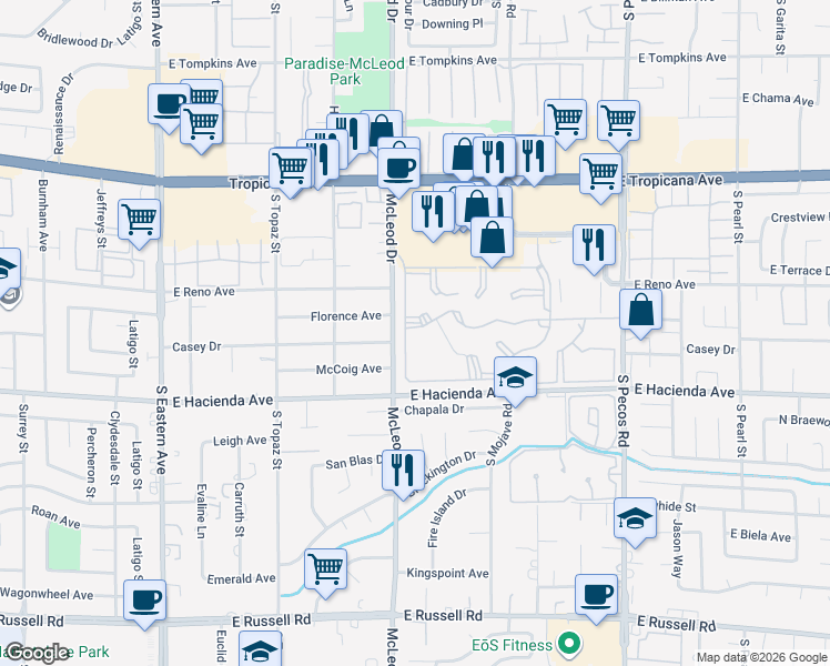 map of restaurants, bars, coffee shops, grocery stores, and more near 5196 Mandalay Springs Drive in Las Vegas