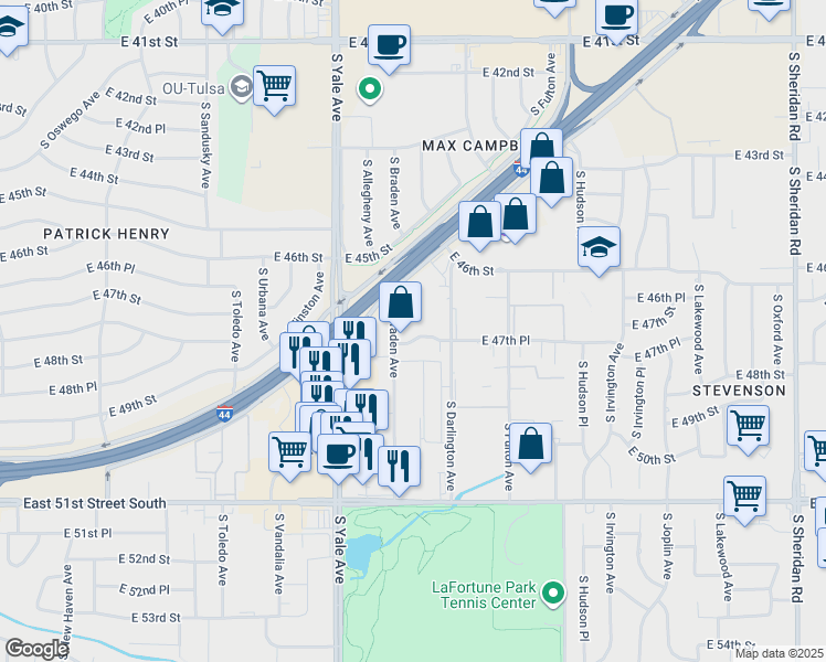 map of restaurants, bars, coffee shops, grocery stores, and more near 5115 East 47th Place in Tulsa