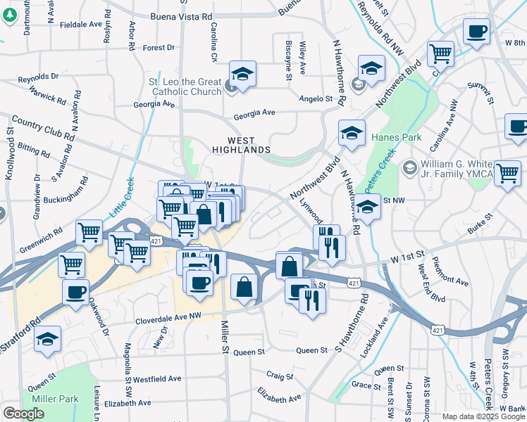 map of restaurants, bars, coffee shops, grocery stores, and more near 1631 West Northwest Boulevard in Winston-Salem