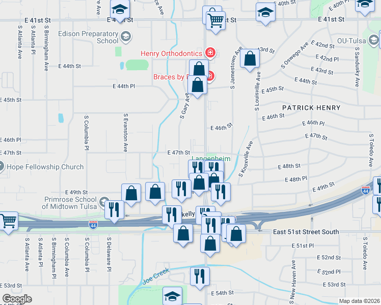 map of restaurants, bars, coffee shops, grocery stores, and more near 4720 South Harvard Avenue in Tulsa