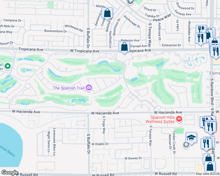 map of restaurants, bars, coffee shops, grocery stores, and more near 7665 Spanish Bay Drive in Las Vegas