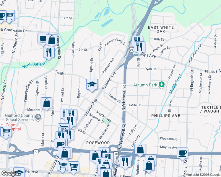 map of restaurants, bars, coffee shops, grocery stores, and more near 1505 Homeland Avenue in Greensboro
