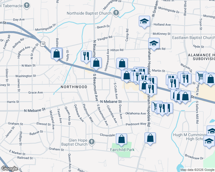 map of restaurants, bars, coffee shops, grocery stores, and more near 402 Columbia Avenue in Burlington