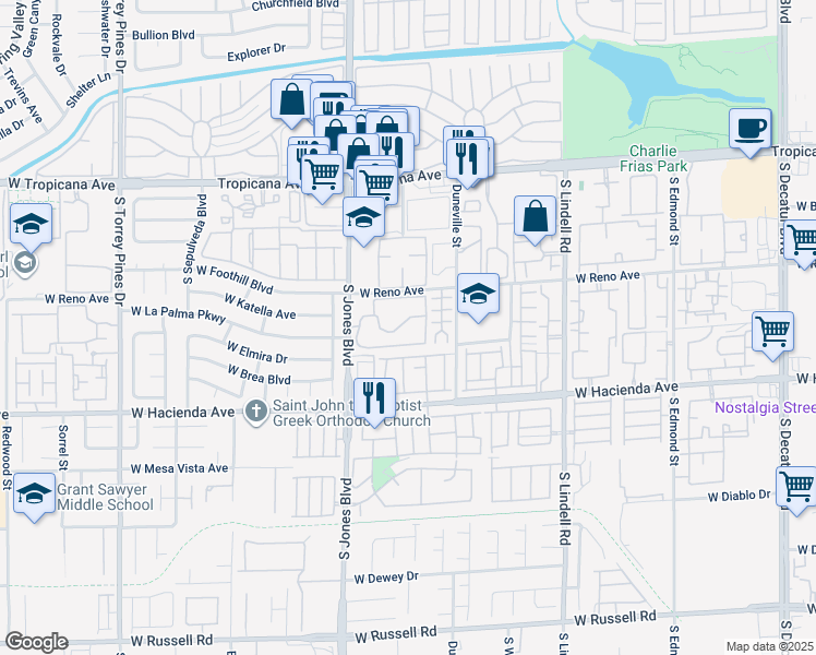 map of restaurants, bars, coffee shops, grocery stores, and more near 5134 South Jones Boulevard in Las Vegas