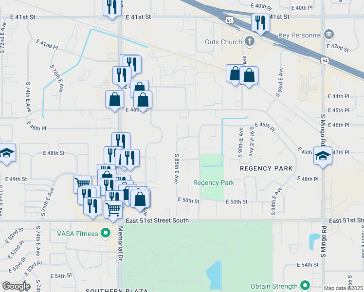 map of restaurants, bars, coffee shops, grocery stores, and more near 4649 South 85th East Avenue in Tulsa
