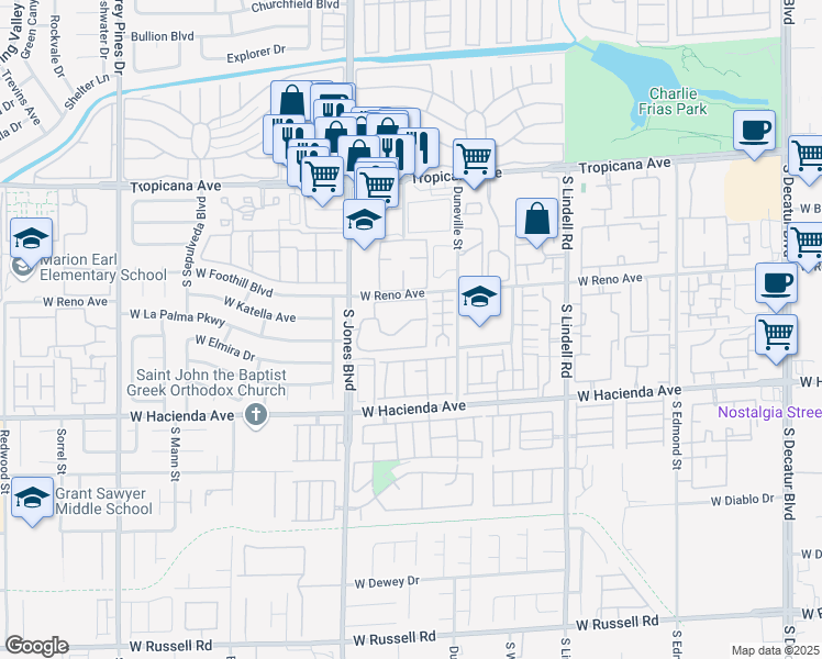 map of restaurants, bars, coffee shops, grocery stores, and more near 5134 South Jones Boulevard in Las Vegas