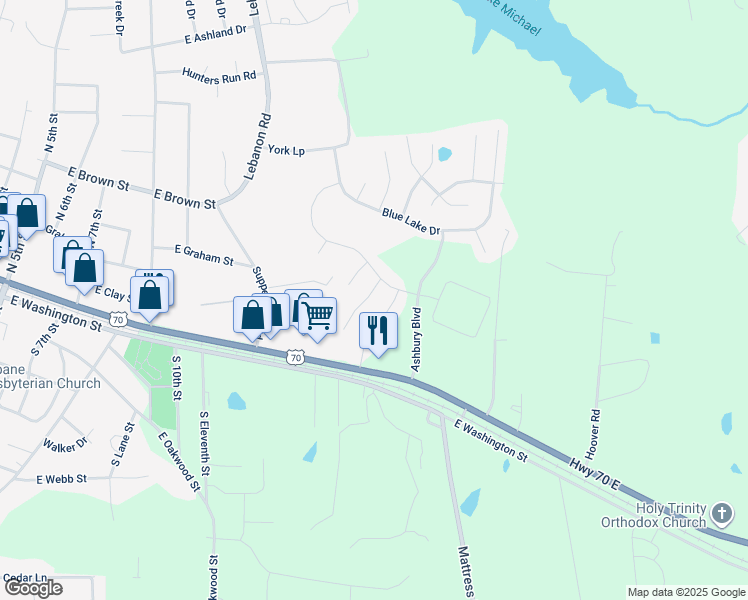 map of restaurants, bars, coffee shops, grocery stores, and more near 111 Bobwhite Way in Mebane
