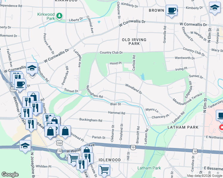 map of restaurants, bars, coffee shops, grocery stores, and more near 622 Woodland Drive in Greensboro
