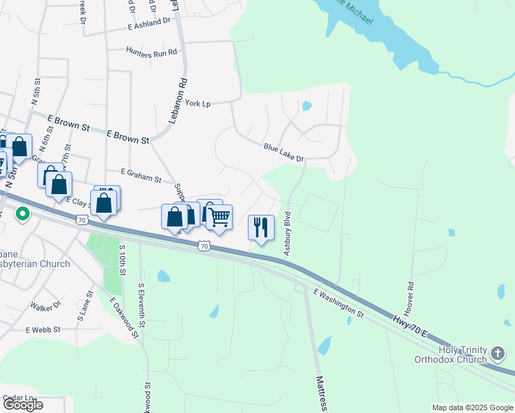 map of restaurants, bars, coffee shops, grocery stores, and more near 111 Bobwhite Way in Mebane