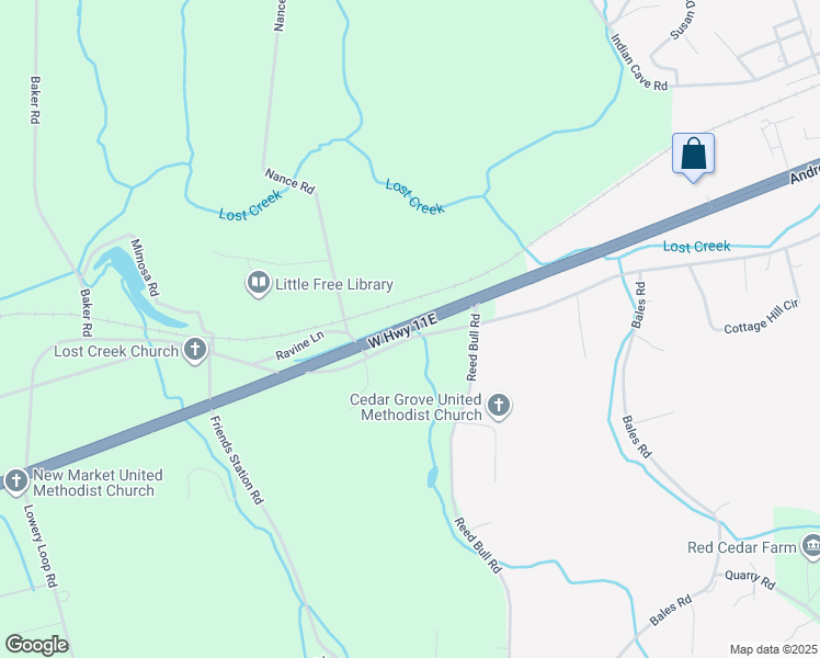 map of restaurants, bars, coffee shops, grocery stores, and more near 1255 West Highway 11E in New Market