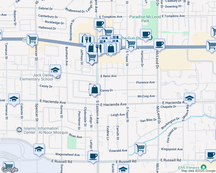 map of restaurants, bars, coffee shops, grocery stores, and more near 5140 Evaline Street in Las Vegas