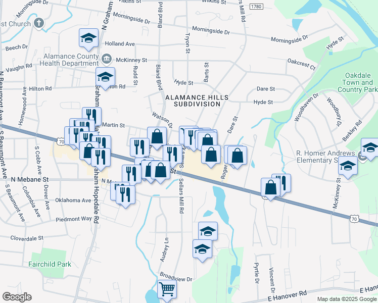 map of restaurants, bars, coffee shops, grocery stores, and more near 2208 North Church Street in Burlington