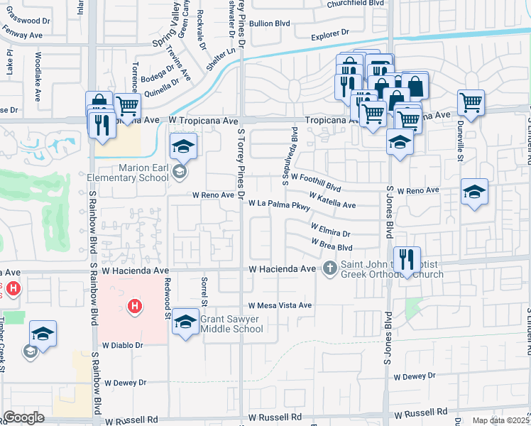 map of restaurants, bars, coffee shops, grocery stores, and more near 6428 Crystal Dew Drive in Las Vegas