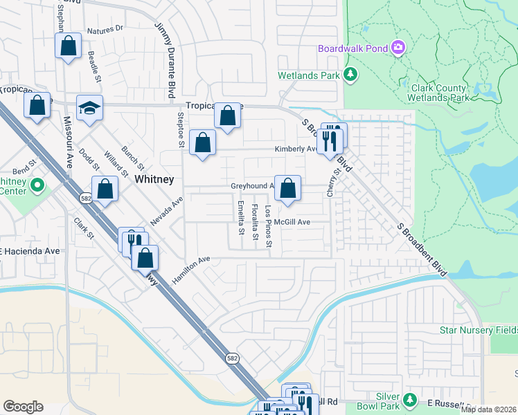 map of restaurants, bars, coffee shops, grocery stores, and more near 5196 Floralita Street in Las Vegas