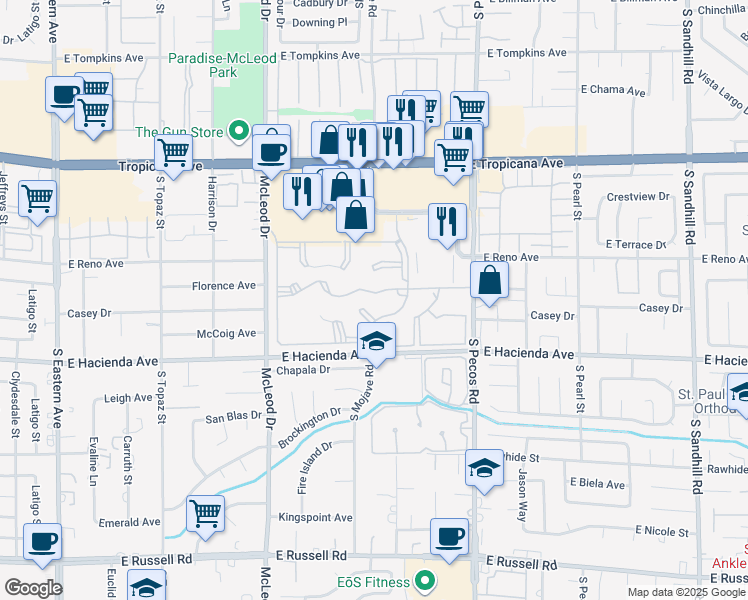 map of restaurants, bars, coffee shops, grocery stores, and more near 3155 Casey Drive in Las Vegas