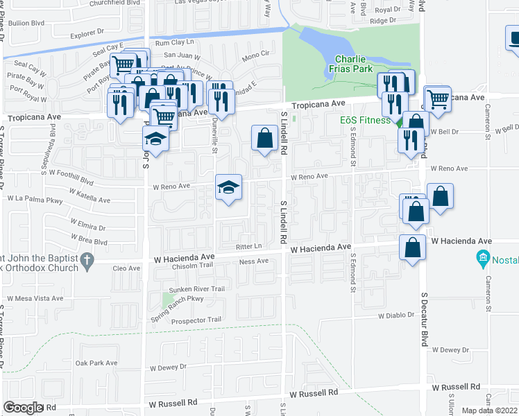map of restaurants, bars, coffee shops, grocery stores, and more near 5615 Lago Court in Las Vegas