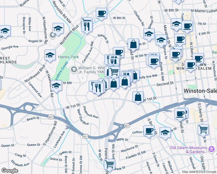 map of restaurants, bars, coffee shops, grocery stores, and more near Burke Street in Winston-Salem