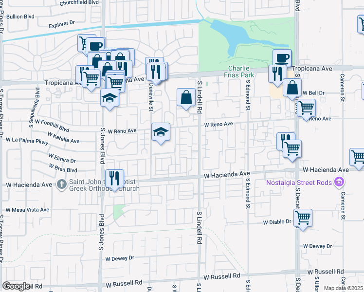 map of restaurants, bars, coffee shops, grocery stores, and more near 5610 Calais Court in Las Vegas