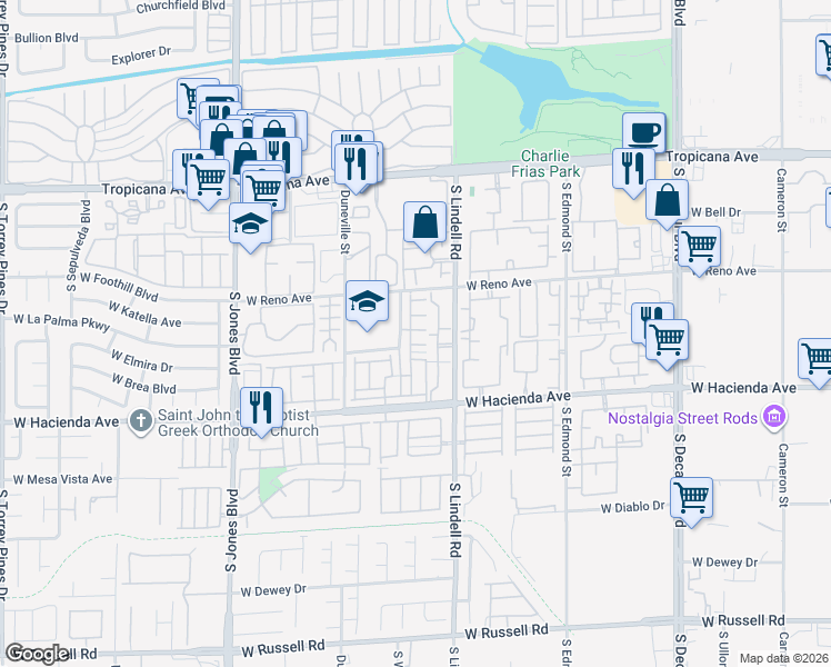 map of restaurants, bars, coffee shops, grocery stores, and more near 5615 Lago Court in Las Vegas