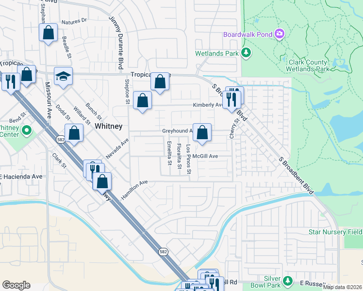 map of restaurants, bars, coffee shops, grocery stores, and more near 5196 Floralita Street in Las Vegas