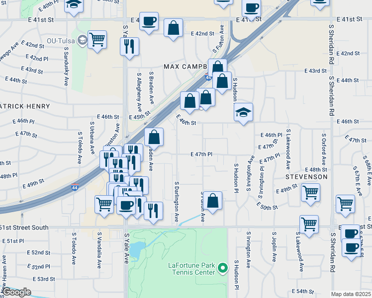 map of restaurants, bars, coffee shops, grocery stores, and more near 4641 South Darlington Avenue in Tulsa