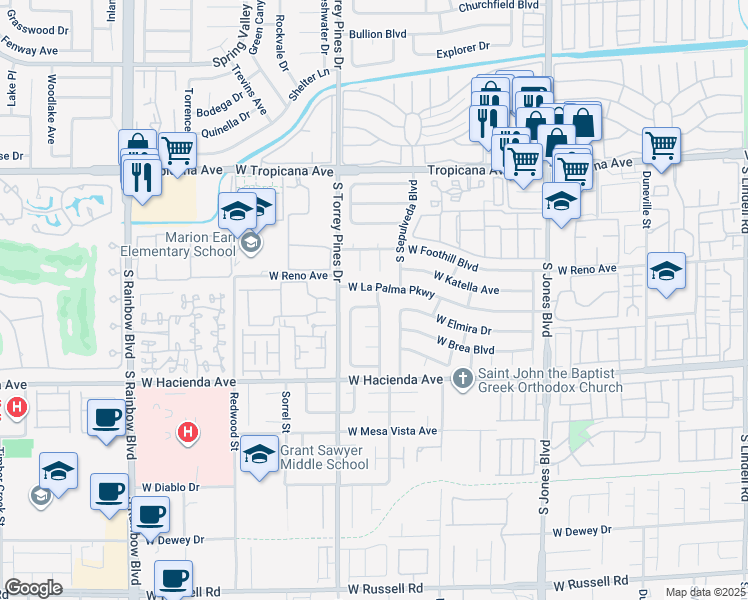 map of restaurants, bars, coffee shops, grocery stores, and more near 6428 Crystal Dew Drive in Las Vegas