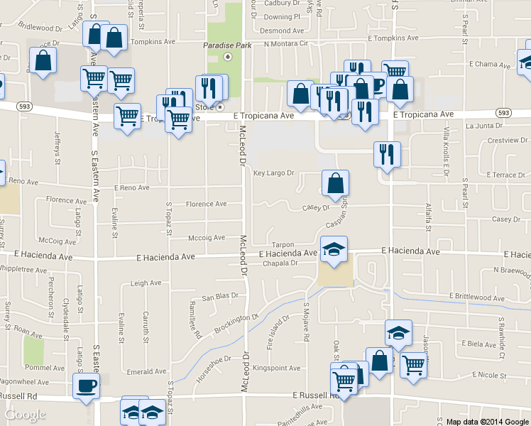 map of restaurants, bars, coffee shops, grocery stores, and more near 3044 Casey Drive in Las Vegas