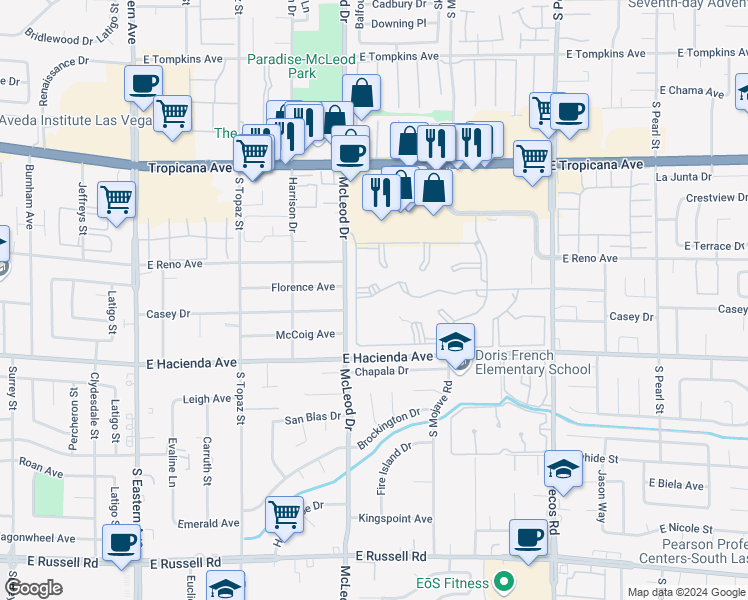 map of restaurants, bars, coffee shops, grocery stores, and more near 3044 Casey Drive in Las Vegas