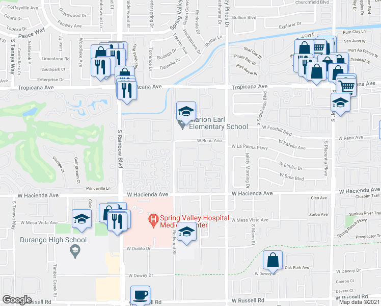 map of restaurants, bars, coffee shops, grocery stores, and more near 1060 Redwood Street in Las Vegas