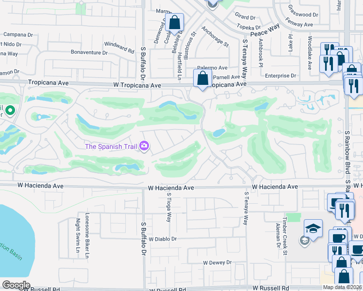 map of restaurants, bars, coffee shops, grocery stores, and more near 7597 Boca Raton Drive in Las Vegas