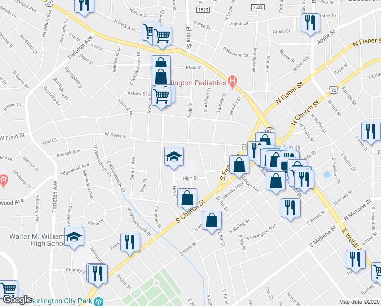 map of restaurants, bars, coffee shops, grocery stores, and more near 623 East Davis Street in Burlington