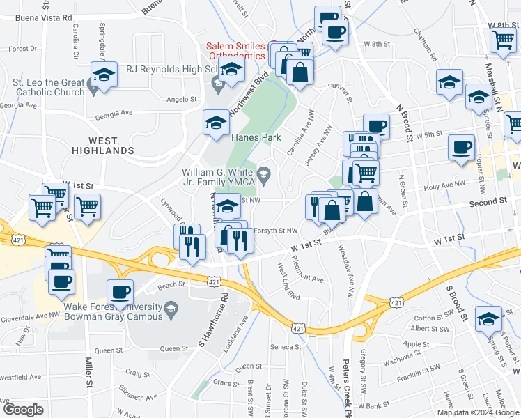 map of restaurants, bars, coffee shops, grocery stores, and more near 70430 North Sunset Drive in Winston-Salem
