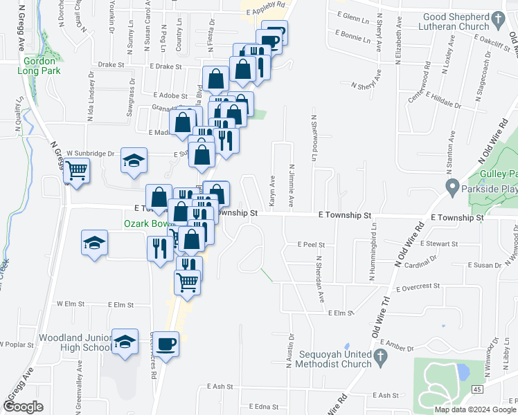 map of restaurants, bars, coffee shops, grocery stores, and more near 2433 North Brophy Avenue in Fayetteville