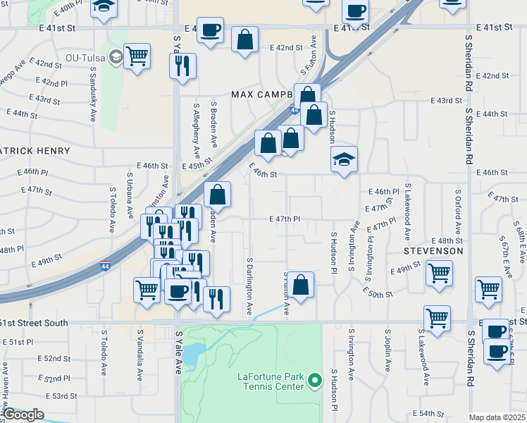 map of restaurants, bars, coffee shops, grocery stores, and more near 4641 South Darlington Avenue in Tulsa