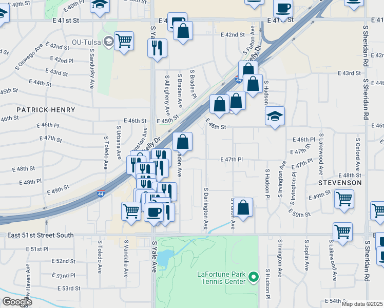 map of restaurants, bars, coffee shops, grocery stores, and more near 4631 South Braden Avenue in Tulsa