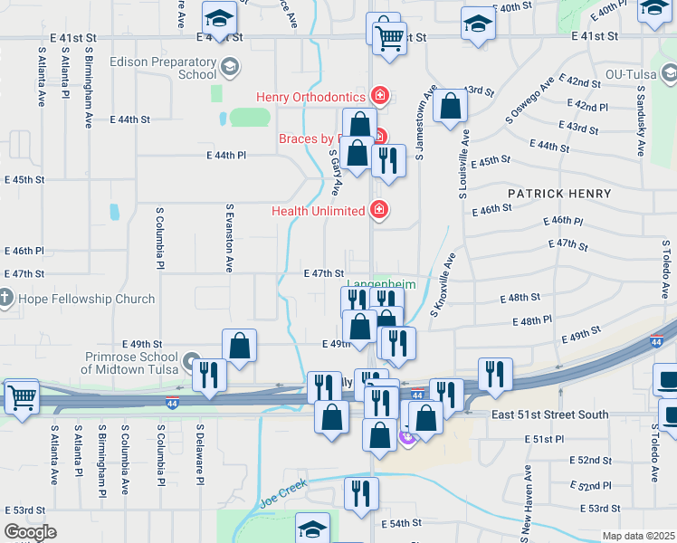 map of restaurants, bars, coffee shops, grocery stores, and more near 4636 South Gary Place in Tulsa