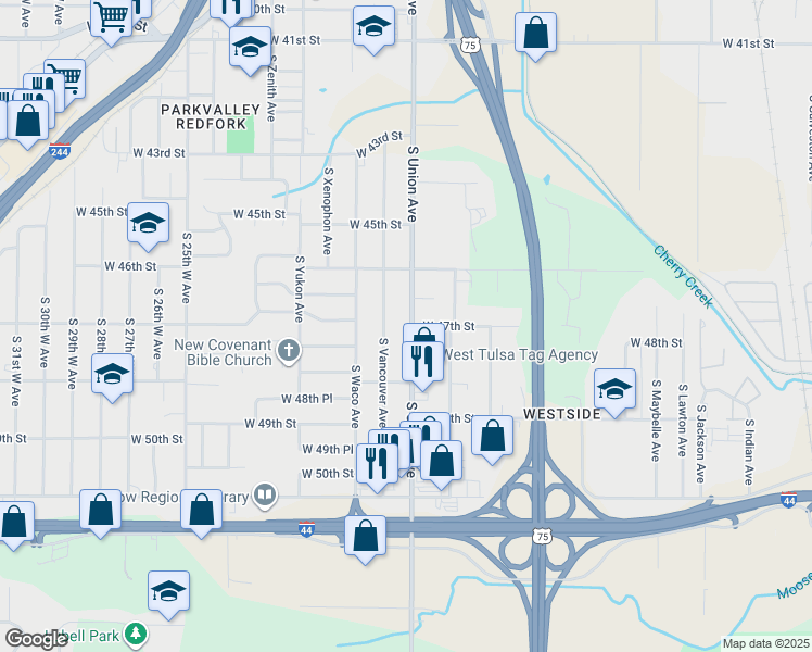 map of restaurants, bars, coffee shops, grocery stores, and more near 4634 South Union Avenue in Tulsa