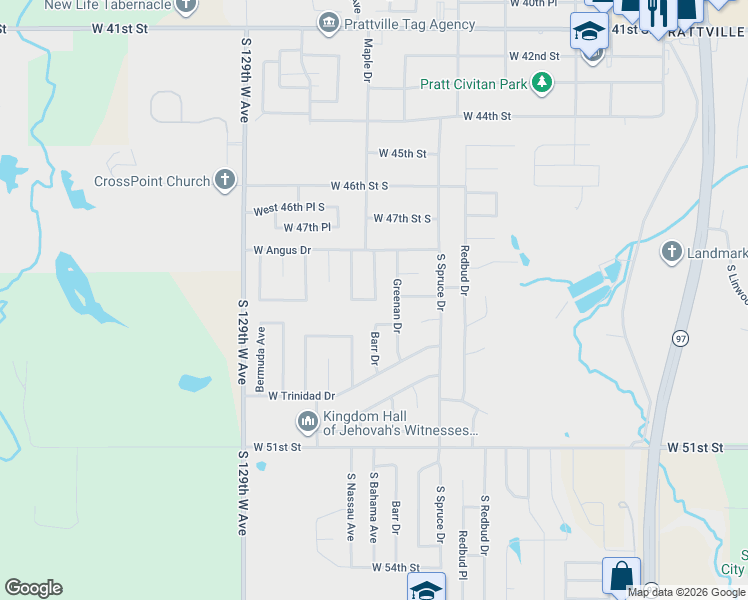 map of restaurants, bars, coffee shops, grocery stores, and more near 4821 Bahama Drive in Sand Springs