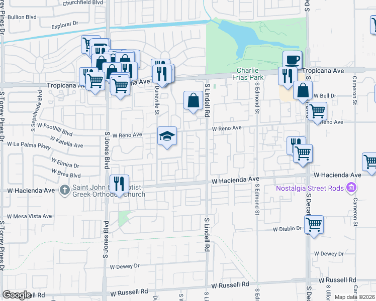 map of restaurants, bars, coffee shops, grocery stores, and more near 5621 Lago Court in Las Vegas