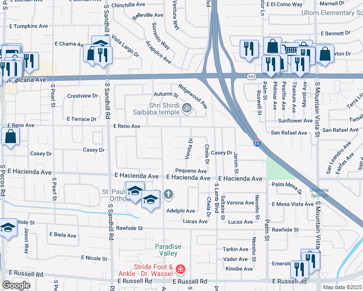 map of restaurants, bars, coffee shops, grocery stores, and more near 4076 Venita Court in Las Vegas