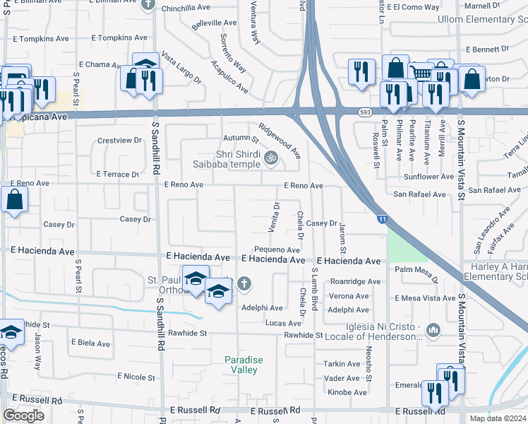 map of restaurants, bars, coffee shops, grocery stores, and more near 4076 Venita Court in Las Vegas